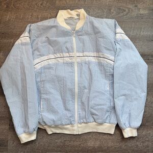 Vintage Christian Dior Monsieur Blue Seersucker Zip Bomber Jacket Size Large